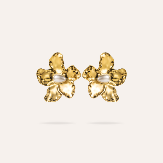 Lila | Boucles d'oreilles grosses fleurs et perle d'eau douce en acier inoxydable