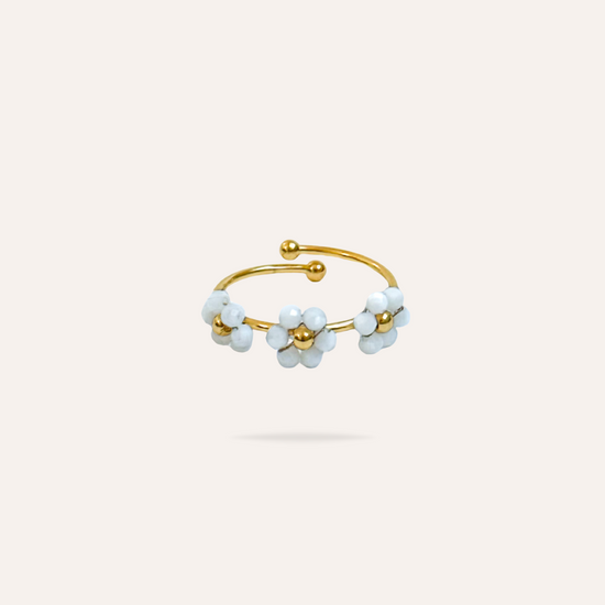 Marguerite | Bague fleur en acier inoxydable et perles