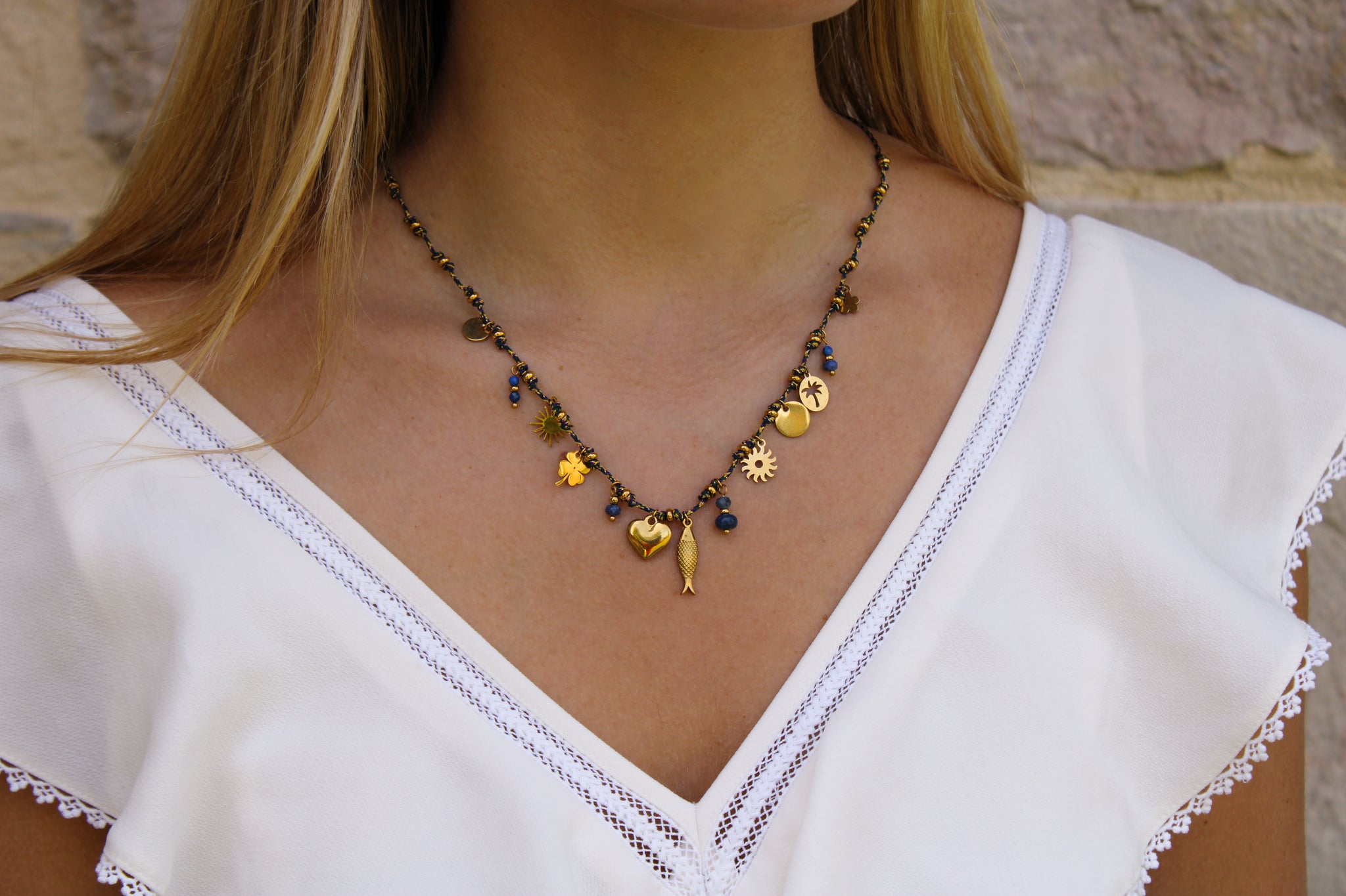 Collier Ras De Cou Macramé Bohème – Breloques Acier Et Hématite – Fait En France
