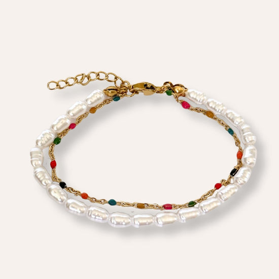 Perla | Bracelet double en acier inoxydable et perles